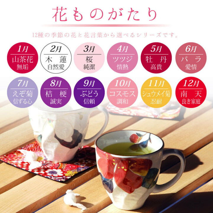 美濃焼 「和藍」 花ものがたり 12ヶ月マグカップ φ9×h8.9cm【日本製 花かいろう 花ことば 花つみ 花かおり 花水彩 花さと マグ カップ プレゼント プチギフト 母の日 敬老の日 誕生日 お祝 ギフト】 ギフトプラザ美昌堂 美濃焼 マグ 花ぼんぼり 青 K10168