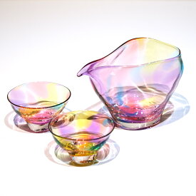 glass calico ミナモプリズム 冷酒器セット (片口・ぐい呑 2個) グラスキャリコ ハンドメイド ガラス酒器 おしゃれ 来客用 ギフト プレゼント
