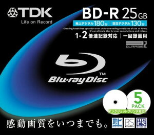TDK �^��p�u���[���C�f�B�X�N 25GB BD-R(1��^��p) 2X �z���C�g���C�h�v�����^�u�� 5mm�P�[�X 5���p�b�N BRV25PWA5S