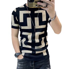 シャツ　ニット　サマーニット　セーター　メンズ　夏　春　バイカラー　幾何学　ラインデザイン　チェック　ブラック　ホワイト (Mサイズ)
