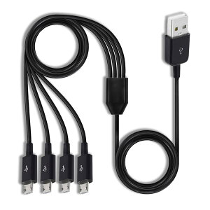 Herfair Micro USB�X�v���b�^�[�P�[�u�� 4�C��1 �}���`�}�C�N��USB�[�d�R�[�h USBMicro���C�����[�h�^�C�vA�I�X����4�}�C�N��USB�I�X�A�_�v�^�[�P�[�u�� �f�[�^����/�[�d�p (1�t�B�[�g, �u���b�N)
