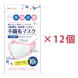 不織布マスク 10枚入り 12個セット 立体プリーツ 大人用 女性用 キッズ用 耳 痛くなりにくい 日本 白 ホワイト 普通サイズ 三層構造 男女兼用 3980以上 送料無料 Bitoway