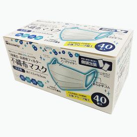 不織布 マスク 40枚入り 個包装 大人 女性 子供 サイズ マーク 耳 日本 国内発送 白 ホワイト 普通サイズ 三層構造 男女兼用 肌にやさしい 耳にやさしい ふつう 小さめサイズ 花粉 99% 高密度フィルター 小顔マスク 全国マスク工業会 3980以上 送料無料