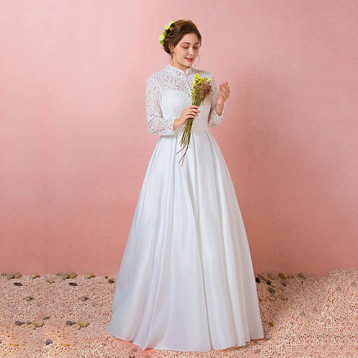 楽天市場 大きいサイズウェディングドレス ウェディングドレス ロングウエディングドレス Aライン 編み上げタイプ 床付きタイプ ハイネックライン ホワイト Xl ７xlサイズ Fh46 ビタースウィート楽天市場店
