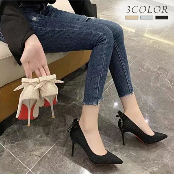 楽天市場 結婚式 パンプス キラキラ ラメ 黒 ウェディング シューズ ウエディングシューズ ラメパンプス パーティーパンプス パーティー 靴 二次会 前撮り 花嫁 リボン 美脚パンプス ハイヒール ゴールド シルバー ブラック 22cm 24 5cm ヒールの高さ 5cm 7cm