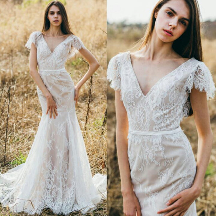 背中V型軽くウェディングドレス海外ビーチ結婚式披露宴 27  