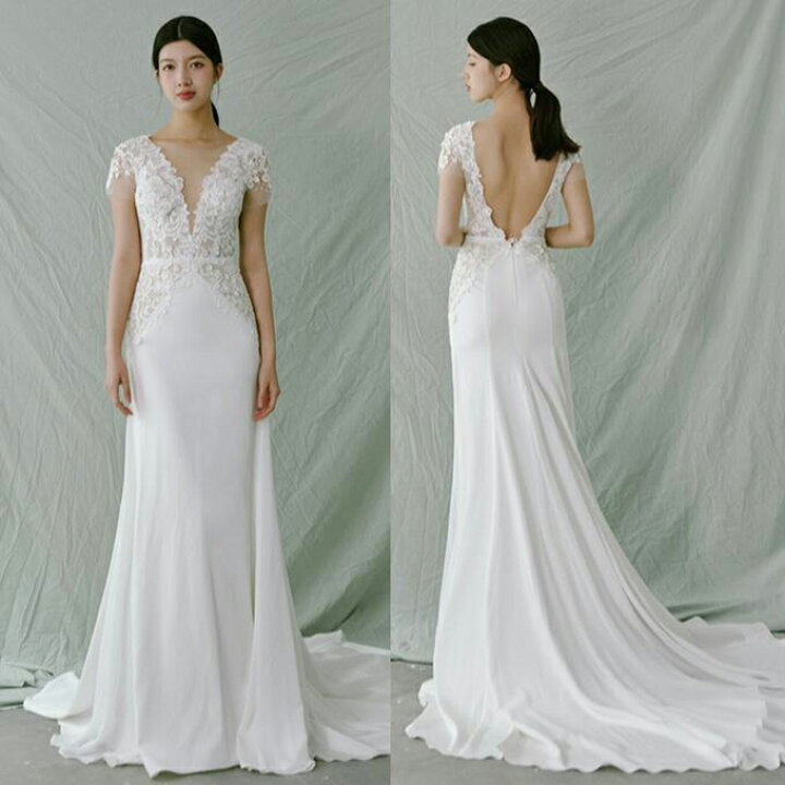 楽天市場 ウェディングドレス トレーンタイプ スレンダーライン Wedding Dress ファスナータイプ ウエディングドレス 袖あり 前撮り 後撮り 披露宴 結婚式 演奏会 海外挙式ドレス フィッシュテールスタイル オーダーメイド可能 S M L Ur4 ビタースウィート
