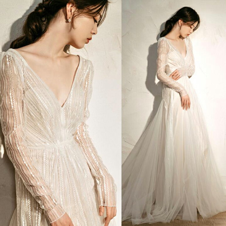 楽天市場】長袖 ウエディングドレス ウェディングドレス Vネック 背中  