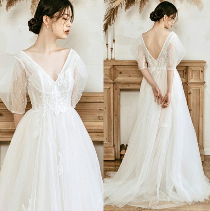 楽天市場】ウエディングドレス ウェディングドレス Vネック Aライン  