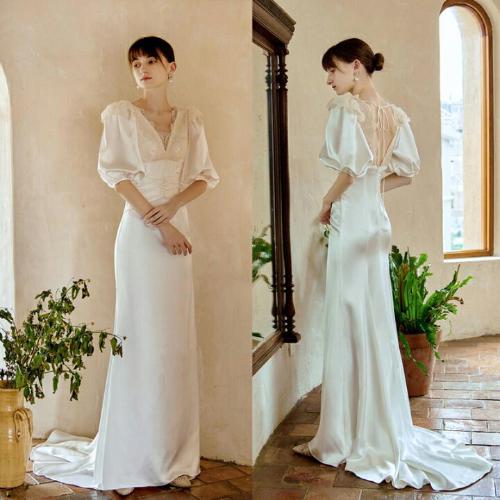 楽天市場】Vネック ウェディングドレス マーメイドライン トレーン  