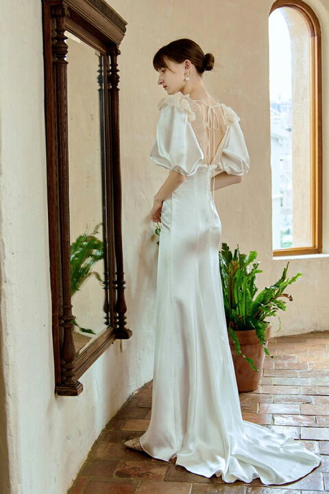 楽天市場】Vネック ウェディングドレス マーメイドライン トレーン  