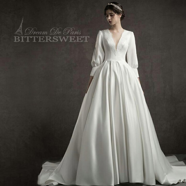 楽天市場 ウェディングドレス 長袖 Vネック ウエディングドレス トレーントレス オーダーメイドも可能 Aライン レディースドレス 前撮り 後撮り 披露宴 結婚式 演奏会 発表会 海外挙式ドレス ファスナータイプ 編み上げタイプ Xs Xl Wd304ls ビター
