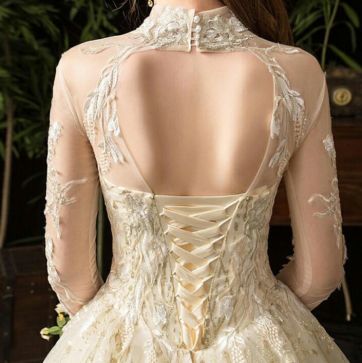 ウエディングドレス 七分袖 Aライン スパンコール ナチュラル フォーマルドレス レース ロングドレス 前撮り 氣質 着やせ 結婚式 結婚式ドレス 編み上げタイプ 激安卸販売新品 ロングドレス