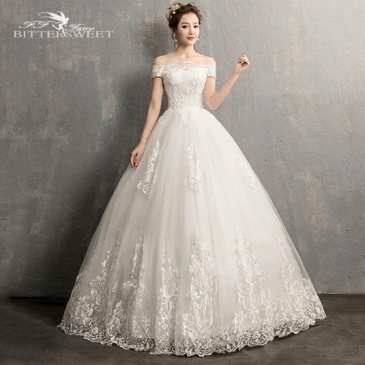 楽天市場 ウェディングドレス Wedding Dress オフショルダー ウエディングドレス 床付き Aライン ドレス キャミ 花嫁ドレス 二次会 二次会ドレス ウエディング ウェディング 編み上げ 前撮り 後撮り 披露宴 結婚式 海外挙式 胸元からの着丈は約140cm S Xxl