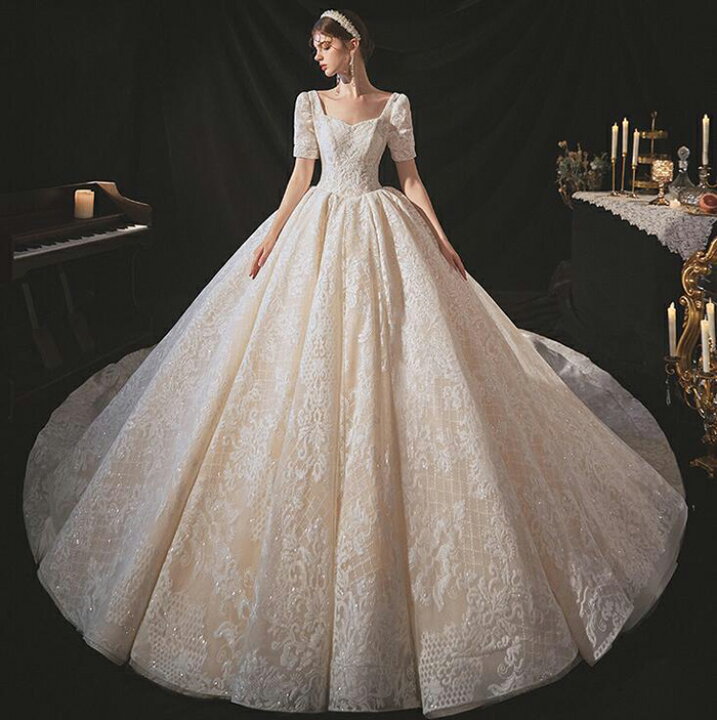 楽天市場 ウエディングドレス ウェディング ドレス Wedding Dress 袖あり 床付きタイプ トレーンタイプ Aライン 編み上げタイプ 前撮り 後撮り 披露宴 結婚式 演奏会 海外挙式ドレス S Xxl Wd466da ビタースウィート楽天市場店