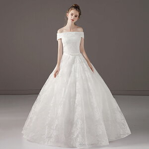 プリンセスライン 床付き ウェディングドレス ウエディングドレス オフショル オフショルダー レース 刺繍 リボン 編み上げタイプ 【ホワイト】【S〜XLサイズ】【wd53m】