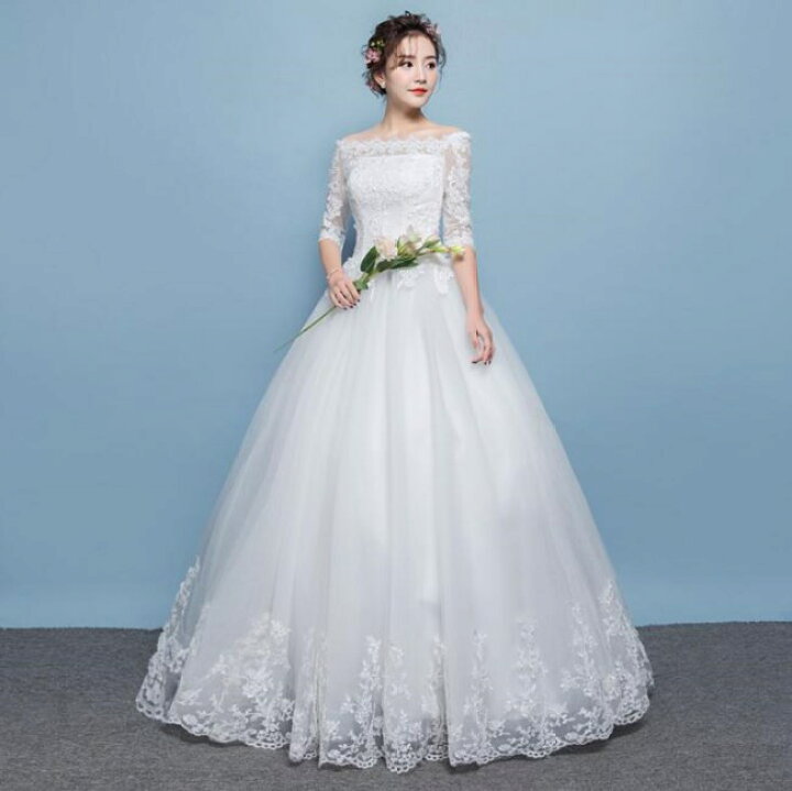 ウェディングドレス 女性オフショルダーレースアップリケボールガウン  