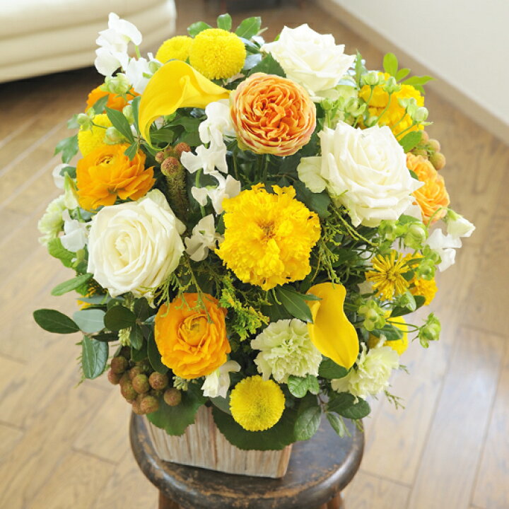 楽天市場 電報 祝電 とお花を一緒にお届け デザイナーズ アレンジメントフラワーmサイズ Warm Impressed 黄色 オレンジ系 出産祝い 誕生祝い 妊娠 出産 出生 バースディ 贈り物 フラワーギフト プレゼント お祝い お花 送料無料 メッセージカード無料 あす楽