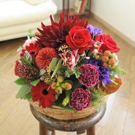 【送料無料】アレンジメントフラワー　Round Basket（赤系）デザイナーズフラワー お祝い お花 生花 カゴ花 フラワーギフト 贈答 プレゼント 贈り物 全国配送 メッセージカード無料 楽ギフ あす楽