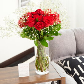 【送料無料】花瓶フラワー・フラワーベース　シリンダー（クリア）　赤バラ20本＆カスミソウお祝い 花束 ブーケ フラワーギフト 贈答 プレゼント 贈り物 誕生祝い 結婚祝い 長寿祝い 全国配送 メッセージカード無料
