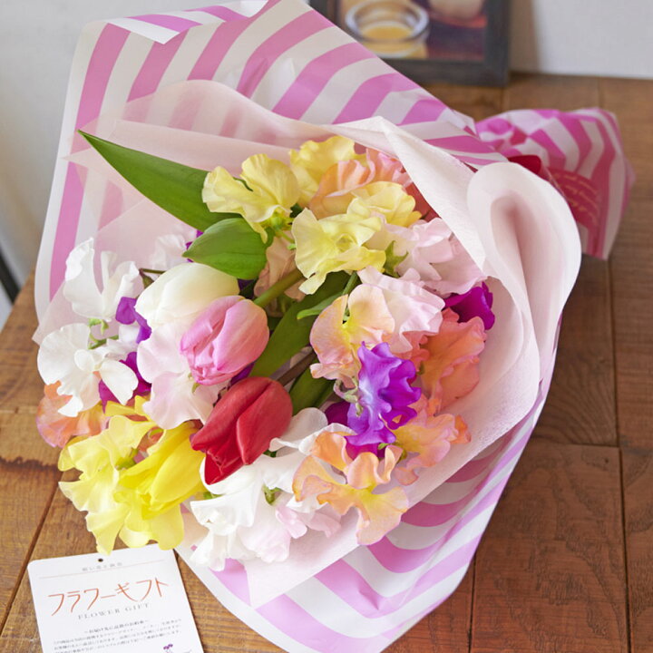 楽天市場 送料無料 春のお祝い花 チューリップとスイートピーの花束 ミックス 春仕様ラッピング 便利な手持ちバック付き プレゼント ギフト フラワーギフト 贈り物 入学祝い 卒業祝い 退職祝い 入園祝い 入社祝い 贈答品 誕生日プレゼント 誕生日ギフト あす楽