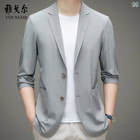 スーツ　セットアップ　ブルー ヤンガー カジュアル スーツ メンズ 夏 薄手 日焼け防止 服 メンズカジュアル シングル ウエスタン ハイエンド 桑 絹 ジャケット