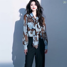 花柄 シャツ　トップス　レディース 春の レディース向け ウエスタン 風 レトロ プリント ブルー シフォンシャツ 新 スタイル ハイエンドな 雰囲気 長袖 日焼け防止 シャツ トップ