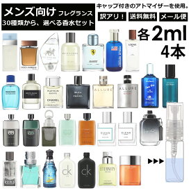 アウトレット メンズ ブランド 人気 香水 選べる4本セット 各2ml 全30種 お試し ミニ香水 アトマイザー 小分け 香り 少量 量り売り サンプル 外出用 持ち歩き用 ドルガバ シャネル グッチ アバクロ フェラーリ ロエベ バーバリー コーチ 【メール便 追跡無し】