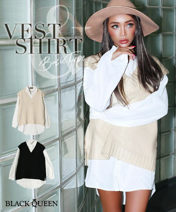 楽天市場 ギャル服 ギャル ファッション ベスト Vネック シャツ 2点セット レイヤード トップス レディース 春 秋 無地 長袖 ブラウス きれいめ ブラウス オーバーサイズ チュニック アイボリー 黒 大人 ブラッククイーン Tops 藤木そら Sora Gal Mavily Oem Black