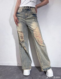 ギャル服 ギャル ファッション レディース デニム ボトム ウエスト ダメージ ロング ボーイズデニム ダメージ加工 カジュアル ストリート バックロゴ 英字ロゴ 春夏 秋冬 定番 オールシーズン 脚長 ブルー s m ブラッククイーン 250521