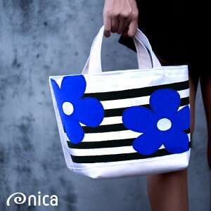 トートバッグ ブルー フラワー バッグ 刺繍 出産祝い ママバッグ 受注生産 ストライプ NICA 11号帆布 布小物 かわいい 布小物 通勤 通学 レディース メンズ