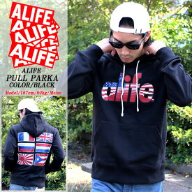 残りわずか！！≪ALIFE≫ エーライフ パーカー アメリカ 星条旗 ロゴ フーディー ブラック メンズ ファッション トップス アウター 大 小 プルオーバー パーカ 秋冬 メンズ 冬物 秋物 裏起毛 スウェットプリント 無地 フード NY あす楽 即納