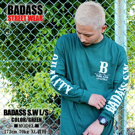 BADASS バダス 長袖 Tシャツ SW LONG SLEEVE エスダブリュ グリーン×ホワイト 緑 白 ロンT メンズ ファッション ストリート B系 STREET ヒップホップ HIPHOP 大きいサイズ スケーター SKATE あす楽 オリジナル ボックスロゴ LOGO プリント 春 夏 秋 冬 厚手