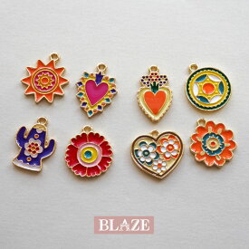 【2個セット】メタル チャーム エポチャーム レトロ カラフル エスニック モチーフ BLAZE ハンドメイド クラフト 手芸 アクセサリー パーツ 金属チャーム フラワー 花 サボテン サークル ハート 太陽 商用利用可能 DIY カン付 材料 メタルチャーム 縦約16~19mm 横約12~17mm