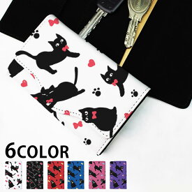 キーケース レディース メンズ 黒猫 クロネコ リボン ハート ネコ 4連 キーホルダー スマートキー かわいい 鍵入れ キーリング キーチェーン カード入れ 鍵 フェイクレザー 合皮 プリント 可愛い カッコイイ メール便 送料無料