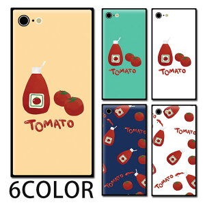 スマホケース スクエア ガラス ケチャップ トマト 野菜 面白 手書き iphone15 pro MAX iphone14 pro MAX iphone13 pro iphone8 iphone8plus iPhoneケース 四角 TPU ガラスケース オシャレ かわいい 可愛い 背面ガラス