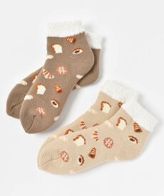 ルームソックス 靴下 レディース 裏ボア もこもこ 厚手 暖かい おしゃれ かわいい パン 食べ物 モチーフ 柄 防寒 秋冬 クリスマス ギフト プレゼント ベージュ ブラウン パン内ボアルームソックス ブルーブルーエ bleubleuet