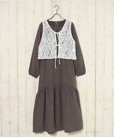 セール ワンピース ベスト 2点セット レディース ゆったり ロング ミモレ丈 切替 マーメイド 長袖 無地 おしゃれ シンプル ギフト プレゼント カーキ コード編みベスト付ワンピース ブルーブルーエ bleubleuet