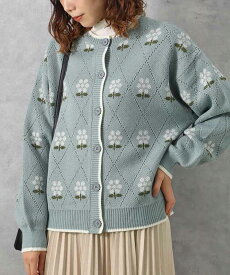 【送料無料対象商品】セール カーディガン ニット トップス レディース 丸首 おしゃれ 羽織り 花柄 秋冬 コーデ ギフト プレゼント オフホワイト 白 ブルーグレー 水色 フラワーダイヤニットカーディガン ブルーブルーエ bleubleuet