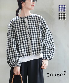 【3/15限定10%クーポン対象】【LINEクーポン有】ガーゼ Gauze# ブラウス トップス 長袖 リボン ゆったり チェック ショート丈 ボリュームスリーブ ぽわん袖 大人 可愛い・G1027GA-3542501(レディース)