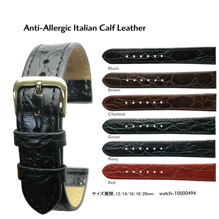 【送料無料】Alligator Style 12mm 14mm 16mm 18mm 20mm Calf Leather and Aluminium Mirror Gold Silver Buckle / 時計 ベルト バンド ストラップ アリゲータ