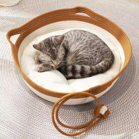 猫 ペットベッド ベッド キャットハウス ねこベッド 猫耳付き ベッド バスケット 猫 夏用 心地良い お昼寝 抗菌 水洗い ボール付き ハウス 猫ちぐら 麻 寝具 ベッド オールシーズン ペットハウス かご 籠 猫用