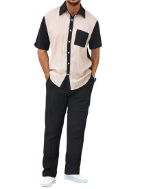 セットアップ メンズ 春夏 カジュアル ゆったり ワッフル 切り替え コーデュロイ Tシャツ ロングパンツ ツーピース リラックスフィット ポリエステル混紡