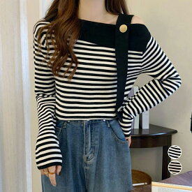 【送料無料】ワンショルダー ボーダー ニット レーディス トップス 春 秋 長袖 肩だし ニットプルオーバー アシンメトリーネック 大人 カジュア 着やせ セーター オシャレ 着回し ニットソー 通勤 通学 ブラック ベージュ