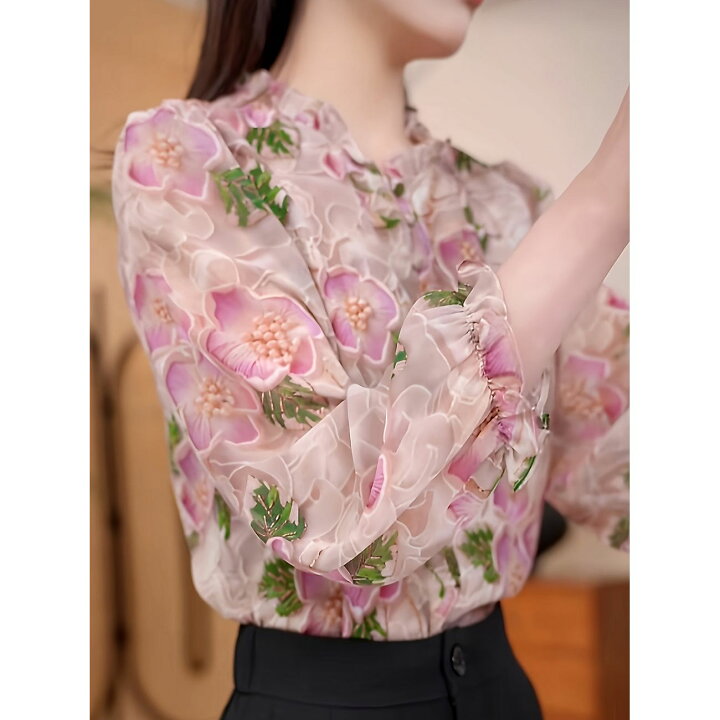楽天市場】【花柄刺繍風】ブラウス レディース 長袖 花柄 フリルネック 