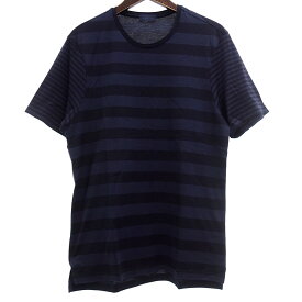 ランバン/LANVIN ボーダー クルーネック コットン 半袖 カットソー Tシャツ サイズ メンズL ネイビー ランクA 61D24【中古】