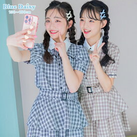 【再値下げ / SALE / 50%OFF】 チェックブラウス＆フリルスカートセット セットアップ 2点セット 上下セット 半袖ブラウス スカート (アジャスター付き) 夏服 子供服 キッズ ジュニア ティーンズ 小学生 中学生 女の子 おしゃれ ガーリー 130cm 140cm 150cm 160cm 21151502