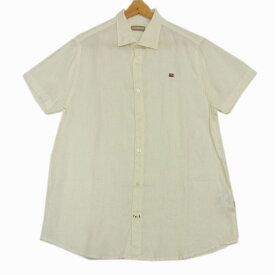 【中古】◇NAPAPIRIJRI SLIM FIT リネン(麻)100％ 半袖シャツ オフホワイト 国旗刺繍 ロゴボタン ナパピリ メンズ XLサイズ