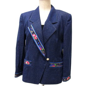 【中古】☆LEONARD レオナール シルクデニム テーラードジャケット レディース 花柄刺繍 ライン装飾 シルク100％