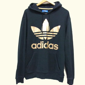 【中古】☆adidas Originals アディダス ビッグ トレフォイル ロゴ スウェット フーディー ブラック ゴールド 金 黒 XL相当 メンズ